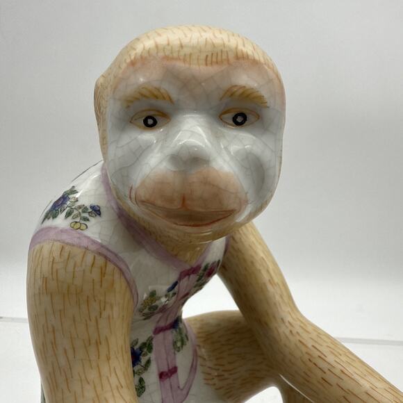 Vintage Chinoiserie Porcelain Ceramic Monkey Baby Lotus Flower People Rep China - Picture 4 of 16